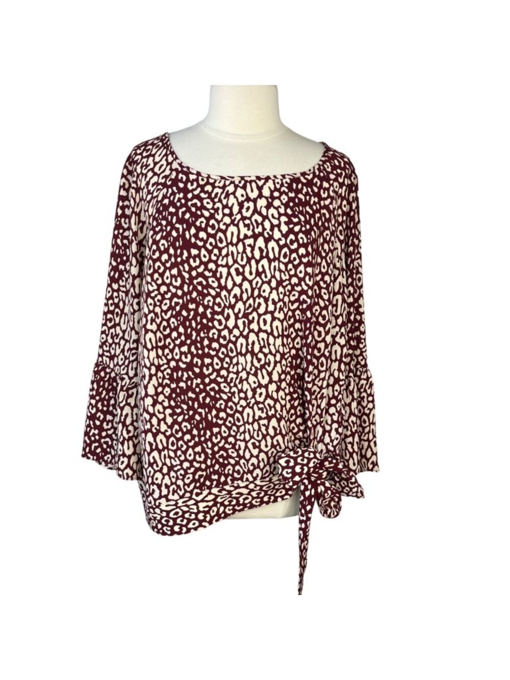 Michael Michael Kors Front Tie Blouse Shirt 2X Maroon Leopard Print Bell Sleeves